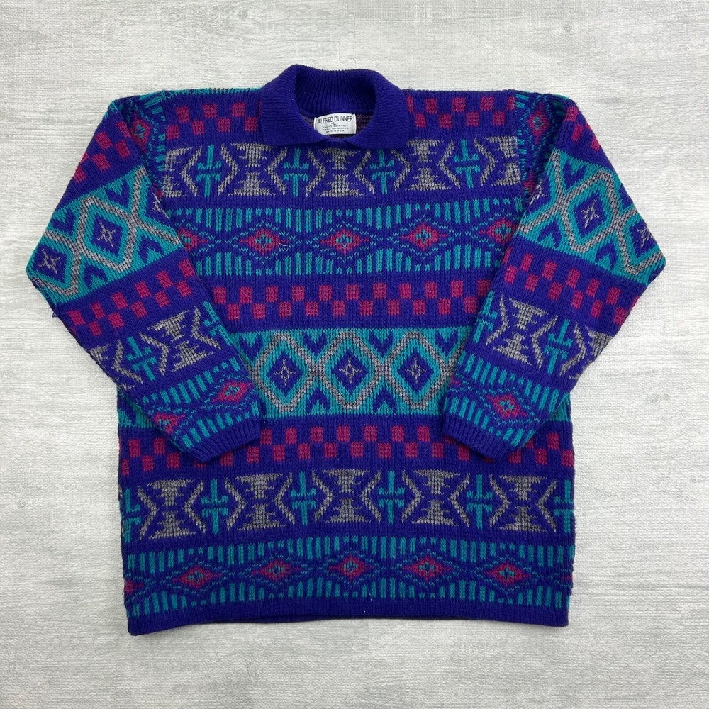 Vintage 90s‎ Alfred Dunner Geometric Sweater Size Large Purple Collar Pullover